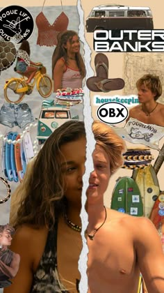 a collage of photos with people and surfboards in the background, including an image of a man's shirtless torso