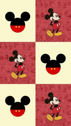 mickey mouse with four different faces on it's face and the bottom half is red