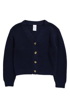 A chunky rib will keep your kiddo cozy in this solid cardigan perfect for school days and weekends alike. Front button closure 60% cotton, 40% acrylic Machine wash, dry flat Imported Womens Chunky Cardigan, Navy Peacoat, Rib Cardigan, Baby Knitwear, Dark Sapphire, Chunky Cardigan, India Ink, Ribbed Cardigan, Girl Top