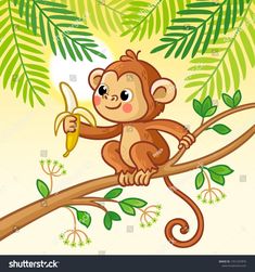 a monkey sitting on a tree branch holding a banana