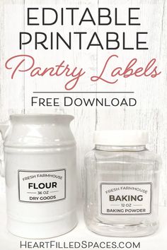 the printable pantry labels for baking and baking supplies are on display in front of a white