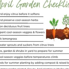 a garden checklist with carrots and broccoli in the soil, labeled