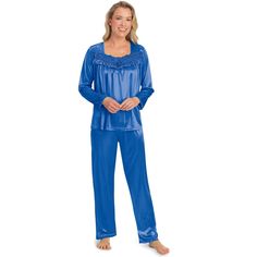 This Soft And Silky Pajama Set Features A Stylish Long Sleeve Top, With Ruffles, Lace And Rose Details At The Neckline, While The Coordinating Bottoms Have A Comfortable Elasticized Waist. Top Is Approx 26"L, Inseam Is 29"L. Machine Wash. Polyester; Imported. 2-Piece Set. Choose: Black, Royal Blue Or Teal. Available In: M(10-12), L(14-16), Xl(18-20) Or Xxl(22-24). Rose Details, Lace Long Sleeve Top, Silky Pajamas, Top With Ruffles, Adult Pajamas, Collections Etc, Lace Top Long Sleeve, Printed Sleeveless Top, Pajama Pant