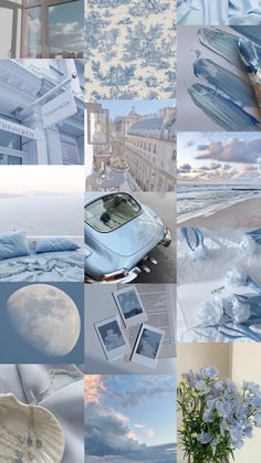 a collage of blue and white pictures with clouds