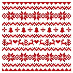 a red and white knitted pattern with christmas trees