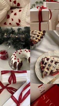 four different pictures with red and white ribbons on them, including cakes, pies, napkins and gifts