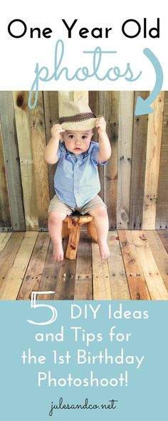 a baby sitting on top of a wooden floor with the words one year old photos