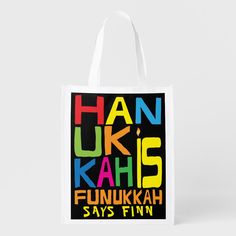 a white bag with the words hanukki's funkah says finn on it