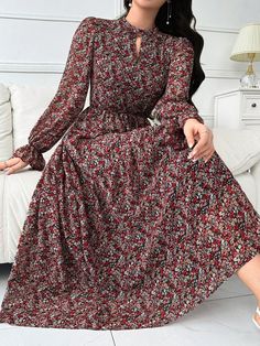 Ditsy Floral Print Keyhole Neckline Flounce Sleeve Belted Dress Red Boho  Long Sleeve Woven Fabric Ditsy Floral,All Over Print A Line Non-Stretch  Women Clothing, size features are:Bust: ,Length: ,Sleeve Length: Long Dress Sewing Patterns, Cute Fall Dresses, Women's A Line Dresses, Ditsy Floral Dress, Kurti Designs Party Wear, Red Boho, Boutique Dress Designs, Keyhole Neckline, Stylish Dresses For Girls