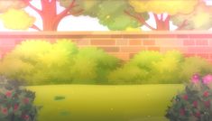 an anime scene with trees and bushes in the foreground