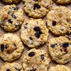 cookies with raisins and pecans are arranged on a baking sheet