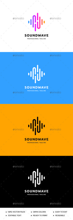 the logo for soundwave is shown in four different colors and font styles, including blue,