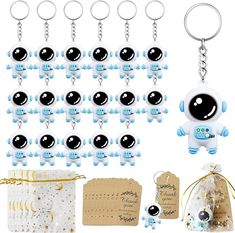 an assortment of key chains and tags with a toy robot on one side, gift bags in the other