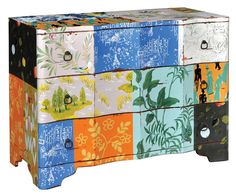 a multicolored chest of drawers with an animal design on the front and sides