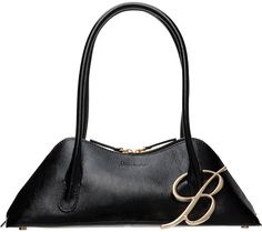 Naplak leather top handle bag in black. · Rolled shoulder straps · Logo embossed at face · Logo charm at strap · Bumper studs at base · Two-way zip closure · Card slot at interior · Cotton twill lining · Gold-tone hardware · H5 x W14 x D3.75 Supplier color: Black Blumarine Bag, Designer Bags Black, Me Bag, B Monogram, Dream Bags, Face Logo, Luxury Bag, Fashion Icon, Handle Bag