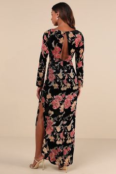 RSVP to your next event with a perfect look like the Lulus Glorious Aura Black Velvet Floral Burnout Long Sleeve Maxi Dress! Soft velvet, with a sheer burnout mesh floral print throughout, shapes a flattering boat neckline and a darted bodice, all framed by long sleeves. High, fitted waist sits atop a column skirt that ends at a classy midi hem. A loop-button closure secures atop a keyhole-style cutout at the back for an alluring finish. Hidden back zipper/clasp. Fit: This garment fits true to s Glamorous Floral Print Dress For Date Night, Glamorous Floral Print Cocktail Maxi Dress, Glamorous Floral Print Maxi Dress, Glamorous Floral Print Maxi Dress For Prom, Fitted Floral Print Dress For Prom, Floral Print Maxi Dress For Night Out, Fitted Floral Print Dress For Party, Glamorous Long Sleeve Dress With Floral Print, Glamorous Long Sleeve Floral Dress