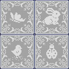 four squares with white and blue designs on them, each in different sizes or shapes