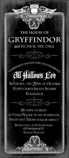 the house of greyfindor and hedwig the owl party card is shown