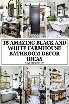 Transform your bathroom into a stunning retreat with these amazing black and white farmhouse decor ideasFrom chic monochrome tiles to rustic wood accentsdiscover how to blend elegance with farmhouse charmExplore stylish accessoriesvintage touchesand creative storage solutions that bring a timeless look to your spaceWhether you prefer classic or modern aestheticsthese inspiring ideas will help you create a beautiful bathroom that’s both functional and invitingPin now for a dose of design inspira Bathroom Farmhouse Wall Decor, Farmhouse Spa Bathroom Ideas, Modern Farmhouse Bathroom Vanity Ideas, Gray And White Farmhouse Bathroom, Modern Farmhouse Guest Bath, Rustic Black And White Bathroom, Country Farmhouse Bathroom Ideas Rustic, Black And White Farmhouse Bathroom Ideas, Black White Farmhouse Bathroom