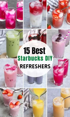 different types of drinks with strawberries in them and the words, 15 best starbucks diy refreshers