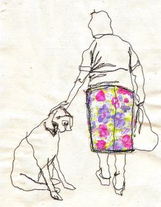 a drawing of a person and a dog