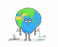 a cartoon earth character holding a water faucet and looking at the ground below