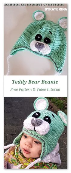 a crocheted bear beanie is shown in green and white