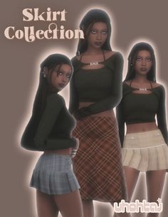 three women wearing skirts and sweaters with the words skirt collection in front of them