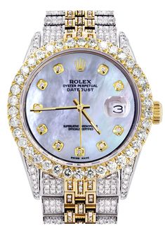 Iced Out Rolex Datejust 36 MM | Two Tone | 10 Carats of Diamonds | Mother of Pearl Diamond Dial Rolex Wrist Watch, Xo Jewelry, Dope Jewelry Accessories, Mens Diamond Bracelet, Rolex Watches Women, Diamond Watches, Silver Chain For Men, Gold Watches Women, Mens Gold Rings