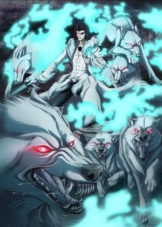 two white wolfs with red eyes in front of a blue background and an evil man