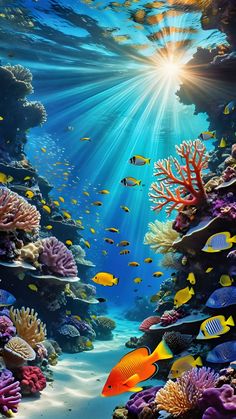 an underwater scene with fish and corals in blue water, under the sunbeam