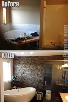 before and after pictures of a bathroom remodel with stone wall, tub, sink and shower