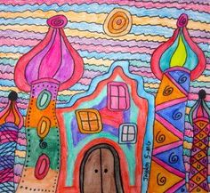 a drawing of a colorful castle with lots of colors and shapes on the front door