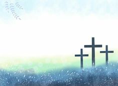 three crosses in the middle of a field with grass and birds flying by on a sunny day