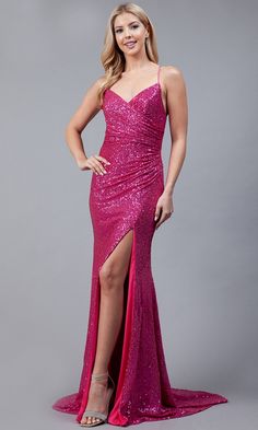 Long Sequin Faux-Wrap Prom Dress - PromGirl Sequin Evening Gowns, Prom Dresses Gowns, Sequin Prom Dress, Form Fitting Dress, Sequin Gown, Comfortable Design, Long Prom Dress, Quinceanera Dresses, Color Rosa