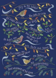 a blue christmas card with birds and holly branches on it, saying joy to the world