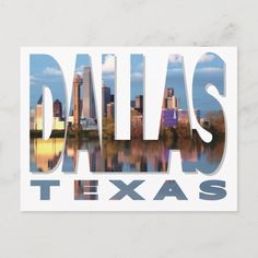 the words dallas texas are displayed in front of a lake and cityscape with skyscrapers