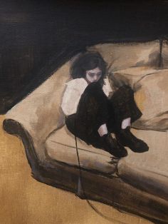 a painting of a woman sitting on a couch with a black cat in her lap