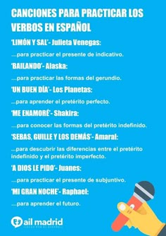 a blue poster with an image of a hand holding a microphone and the words, cancion