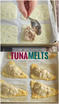 a person scooping some food out of a pan with the words tuna melts on it