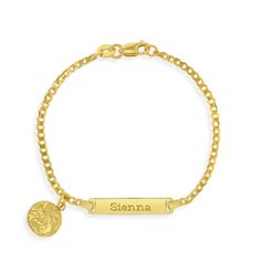 This gorgeous yellow gold flashed 925 sterling silver ID bracelet features a sweet little touch. A beautiful protective medal dangles delicately from the identification plate featuring guardian angels looking down at a sweet little baby in a manger. This adorable medal charm and ID bracelet makes a perfect Baptism or Christmas gift, so we neatly package it into its own little gift box for your convenience Teen Ring, Teen Necklaces, Teen Earrings, Toddler Bracelet, Angel Bracelet, Baby Necklace, Teen Jewelry, Baby Earrings, Kids Rings