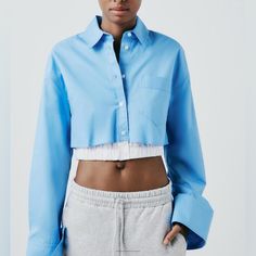 100% Cotton Shirt Zara Sold Out At Store New With Tags Spring Blue Cropped Shirt With Relaxed Fit, Blue Relaxed Fit Cropped Shirt For Spring, Blue Cropped Shirt With Relaxed Fit For Spring, Relaxed Fit Long Sleeve Cropped Shirt For Spring, Blue Cotton Cropped Shirt For Summer, Blue Cropped Shirt For Spring, Trendy Blue Button-up Cropped Shirt, Spring Blue Collared Top, Blue Collared Cropped Shirt For Work