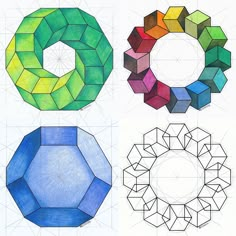 four different colored shapes are shown in this drawing