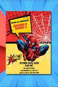 a spiderman birthday party flyer with an image of a spider man on the front