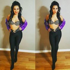 two pictures of a woman in black and purple clothing with her hands on her hips