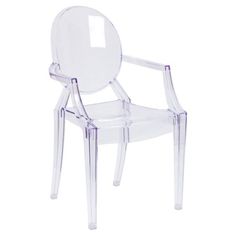 a clear plastic chair with a round back and arms, viewed from the side on a white background