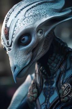 a close up of an alien like creature with blue eyes