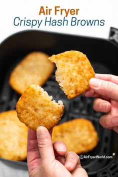 air fryer crispy hash browns in a cast iron skillet with text overlay