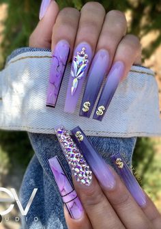 Purple Stiletto Nails, Gel Coffin, Disney Acrylic Nails, Gucci Nails, Purple Nail Designs, Pointed Nails, Acrylic Nails Coffin Short, Gel Nail Designs, Luxury Nails