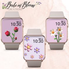 three smart watches with flowers on them and the time displayed in each watchbands